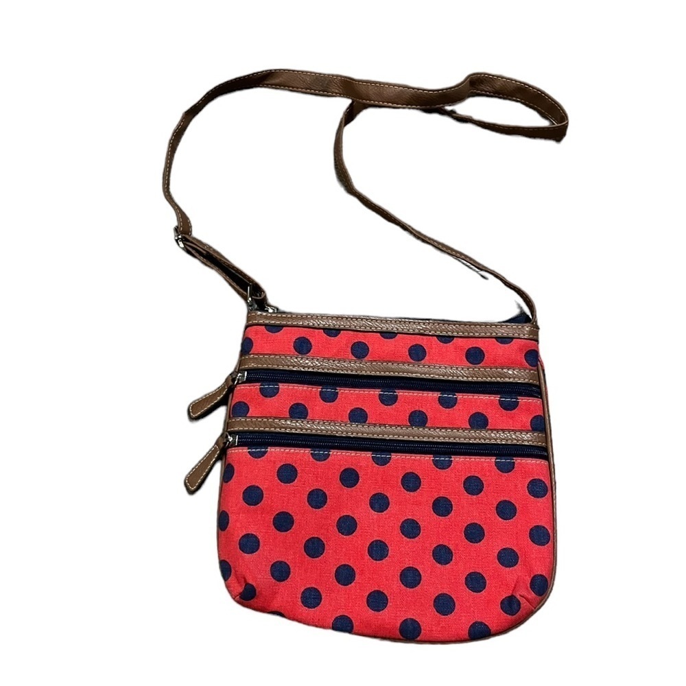 Croft & Barrow Womens Cross Body Multi Pocket Functional Red Navy Polka Dot Bag